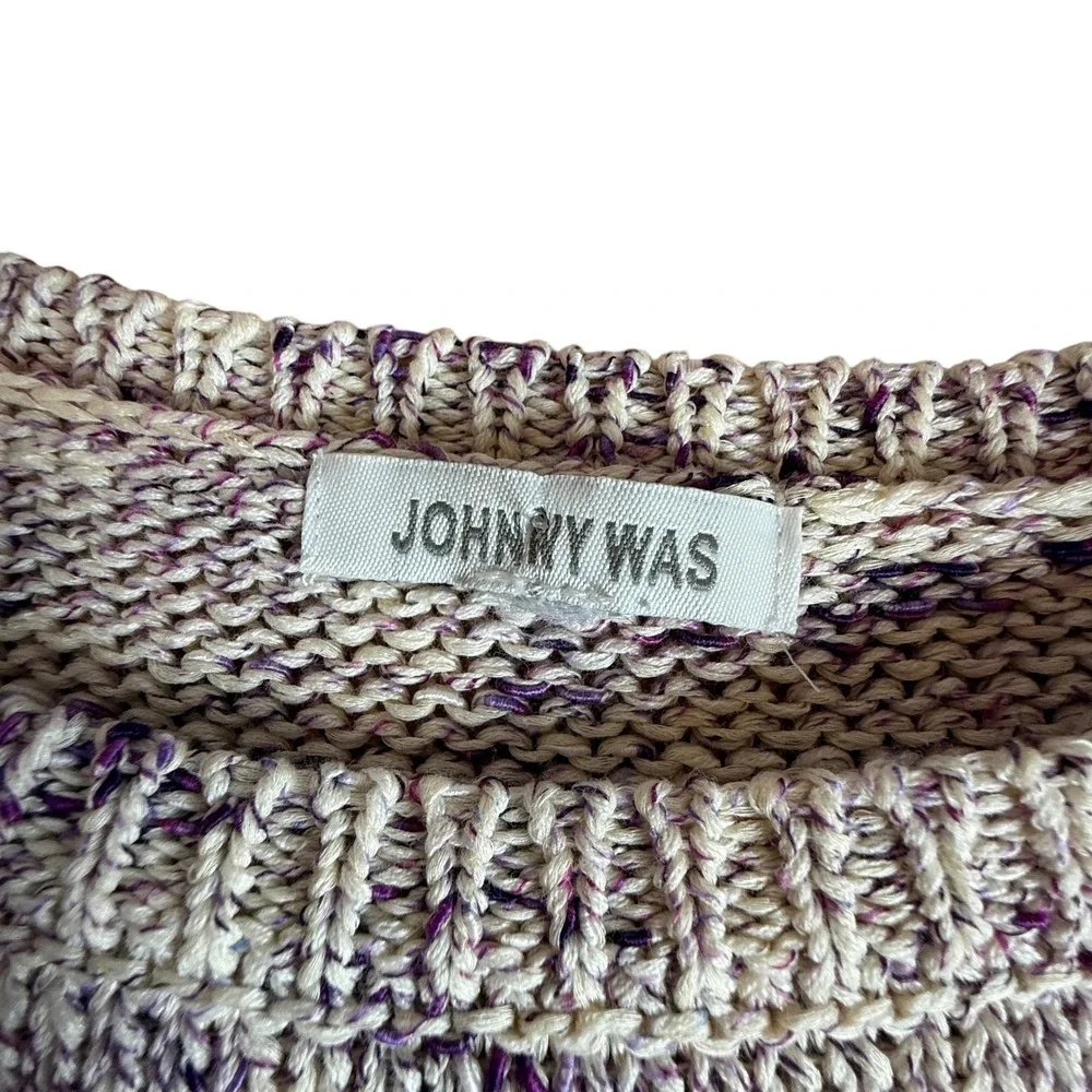 Johnny Was Women Poncho Purple White‎ Knit Tassel Fringe Open Knit Short Sleeve